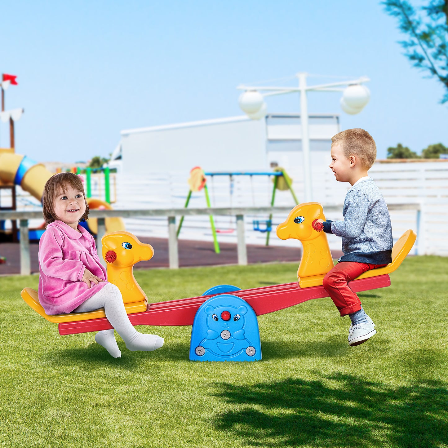 Kids Seesaw Safe Teeter Totter 2 Seats With Easy-Grip Handles, Safe, Indoor Outdoor Living Room Playroom Backyard Equipment, For 1-4 Years Old Multicolor