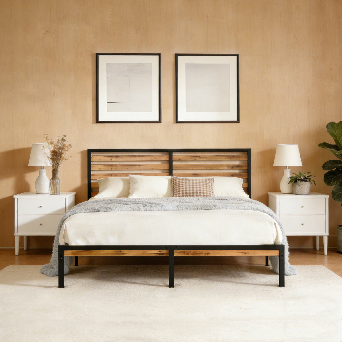 Full Size Bed Frame With Wood Headboard, Heavy Duty Metal Platform Bed With Under Bed Storage, Noise-Free Mattress Foundation With Slats, No Box Spring Needed,  Rustic Brown & Black