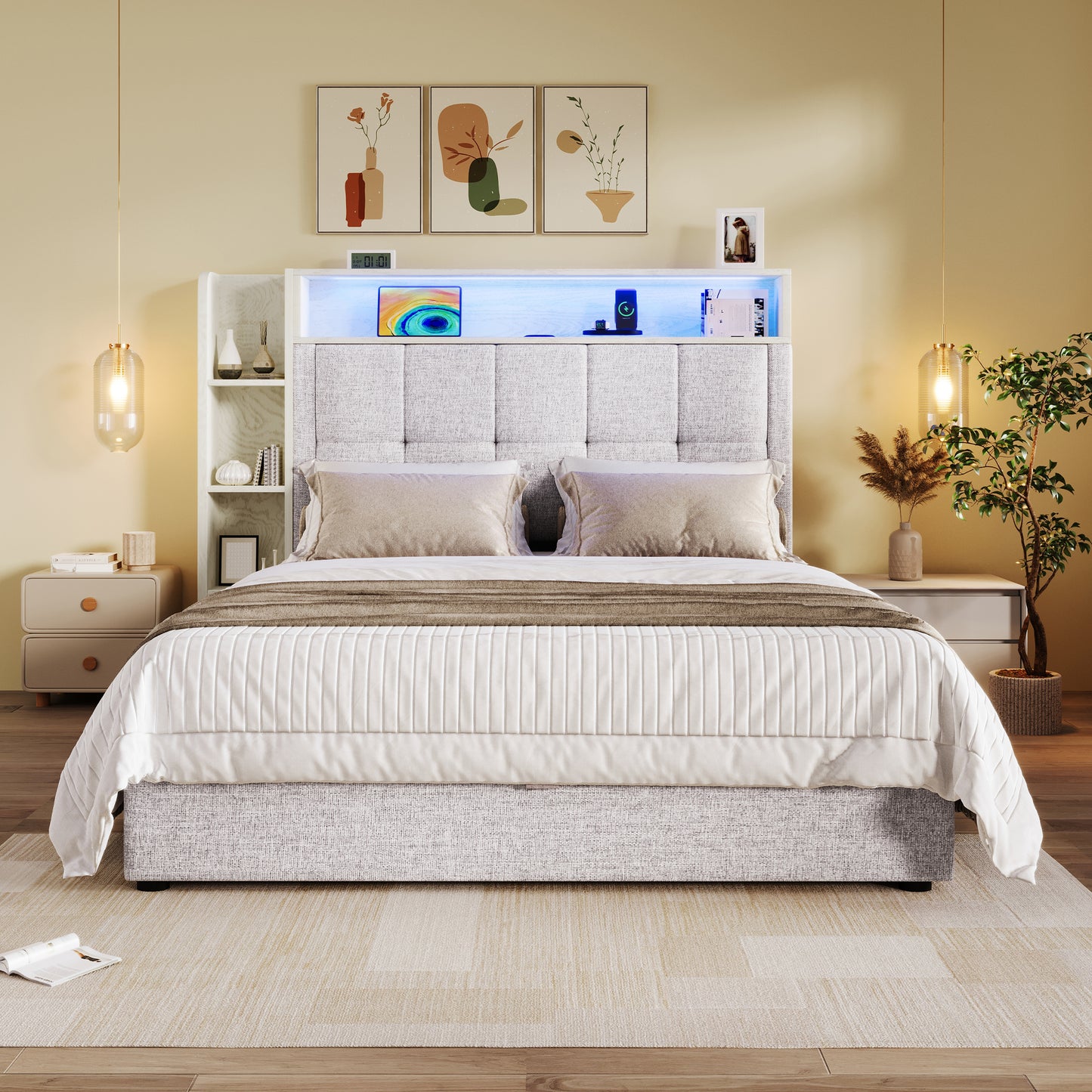 Upholstered Bed , 90x200 Cm, With USB Type-C Charging Function, Without Mattress, Multifunctional Storage, LED Lighting, Pushbutton Appdien,Linen, Beige
