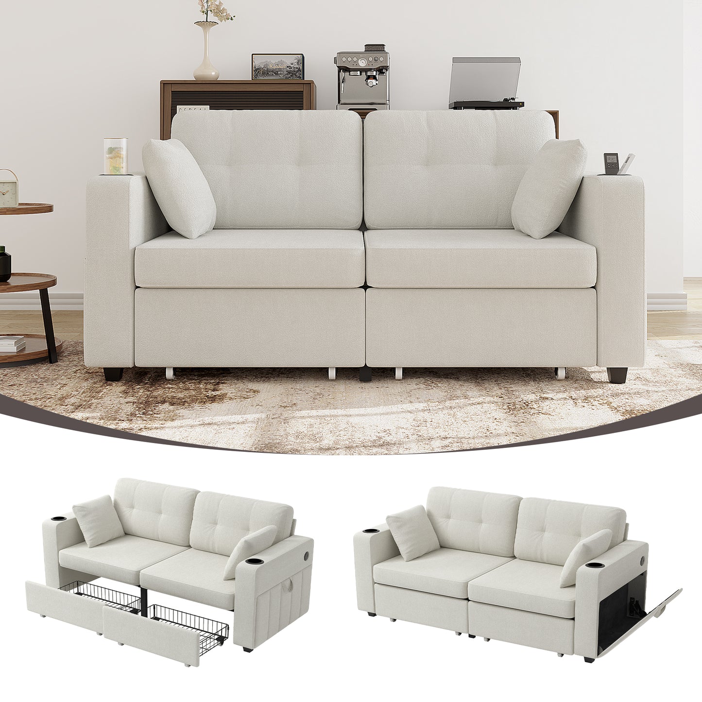 Sofas For Living Room, Couch Set,3 Seats Sofa, USB Charging,Wood Frame,Easy To Install,with Storage, Charging Station,Cup Holder,Modern Sectional Sofas For Living Room, Apartment,Chenille Fabric