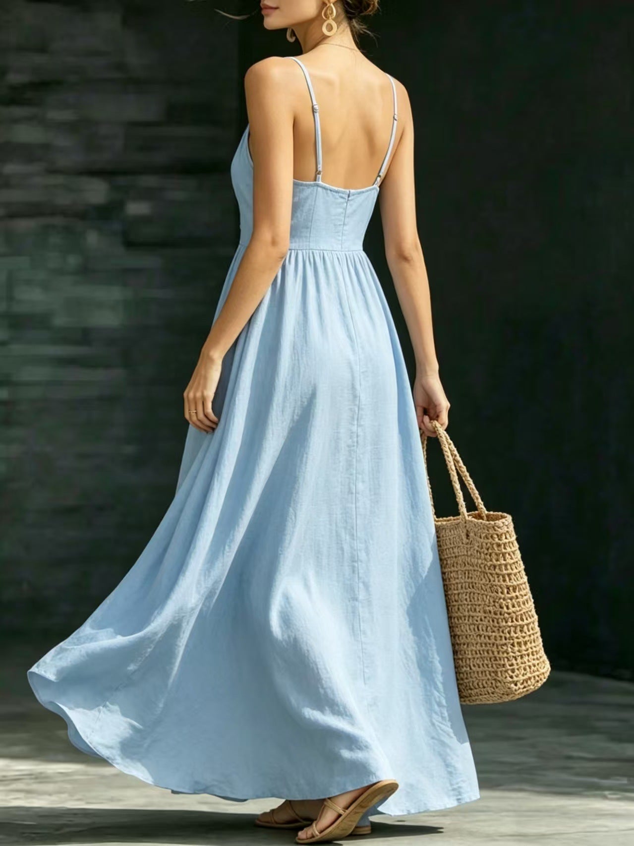 Summer V-Neck Spaghetti Strap Maxi Dress With Pockets - Elegant Vacation & Office Wear For Women
