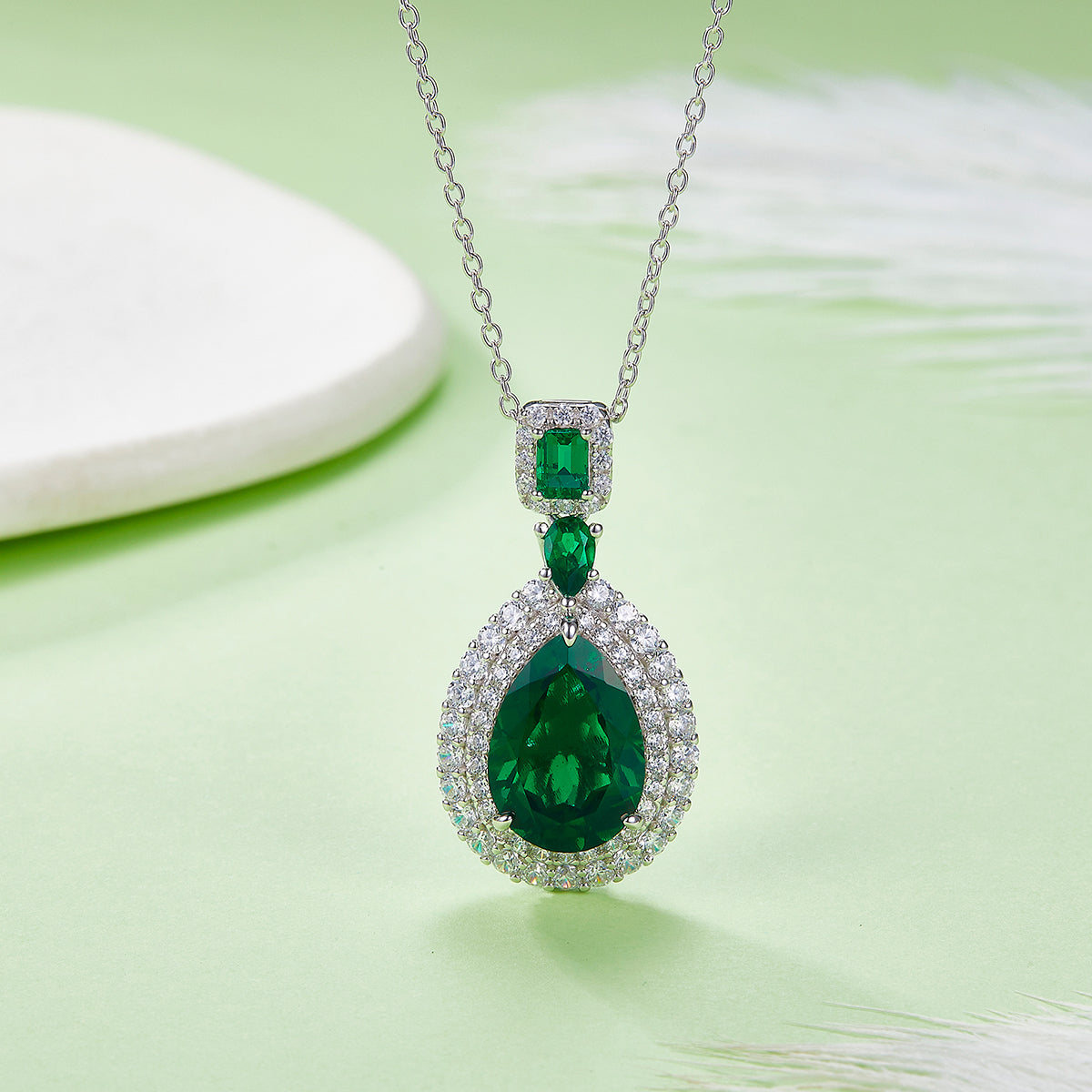 S925 Sterling Silver Lab-Grown Ruby Emerald Necklace, 13x9mm Pear Double Halo Pendant, Platinum Plated 40&45cm Chain, 5.8g Women's Gift Box