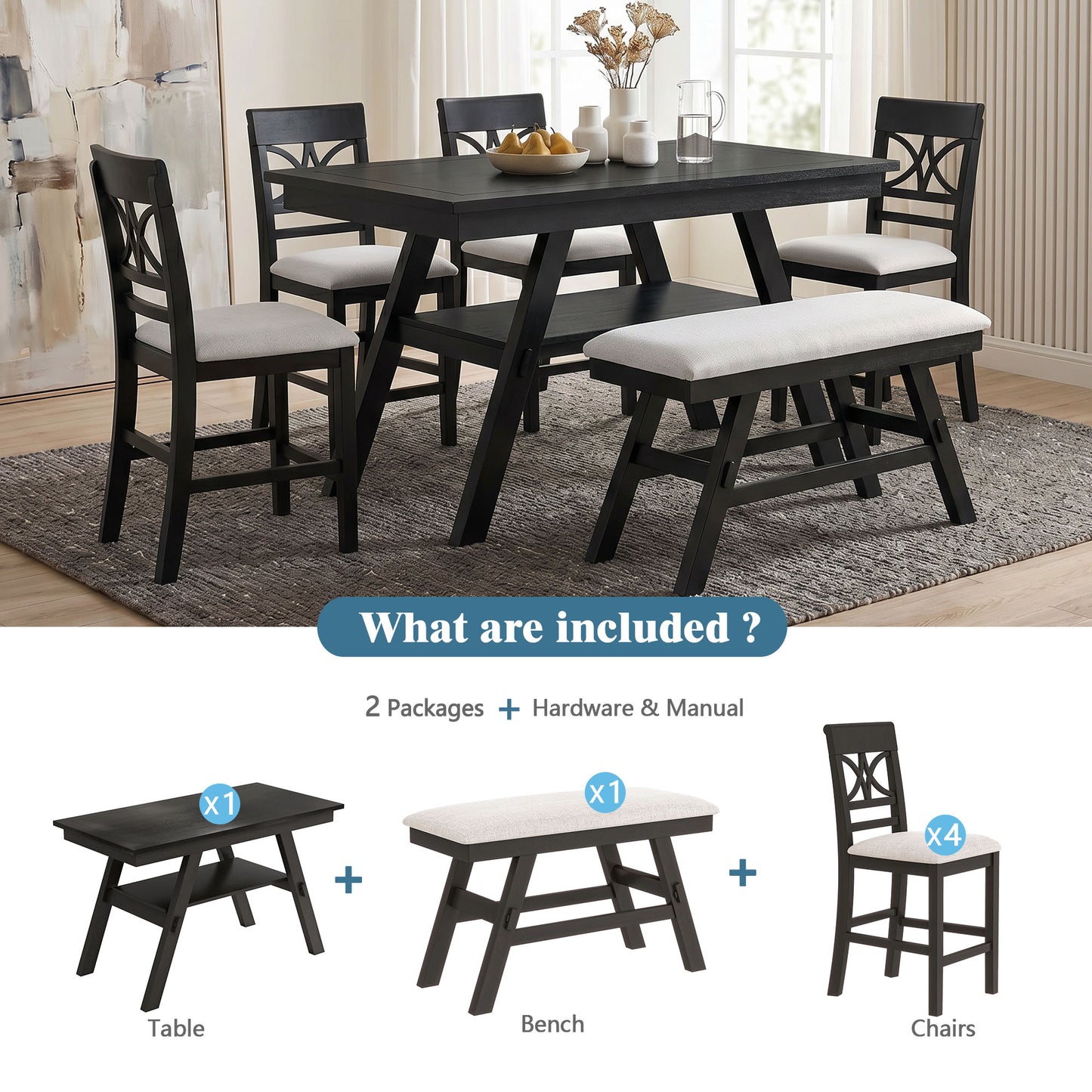 TOPMAX 6-Piece Wood Counter Height Dining Table Set With Storage Shelf, Kitchen Table Set With Bench And 4 Chairs,Rustic Style,Espresso Beige Cushion  Old Sku N717S000257AAP