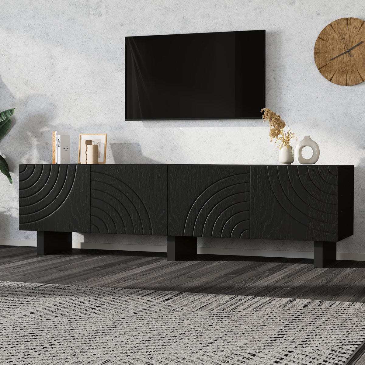 Black TV Stand Made Of Chipboard, Modern Lowboard With Structure For Living Room, TV Cabinet With 4 Doors, TV Mount, Storage Cabinet. Suitable For 75-inch TVs.