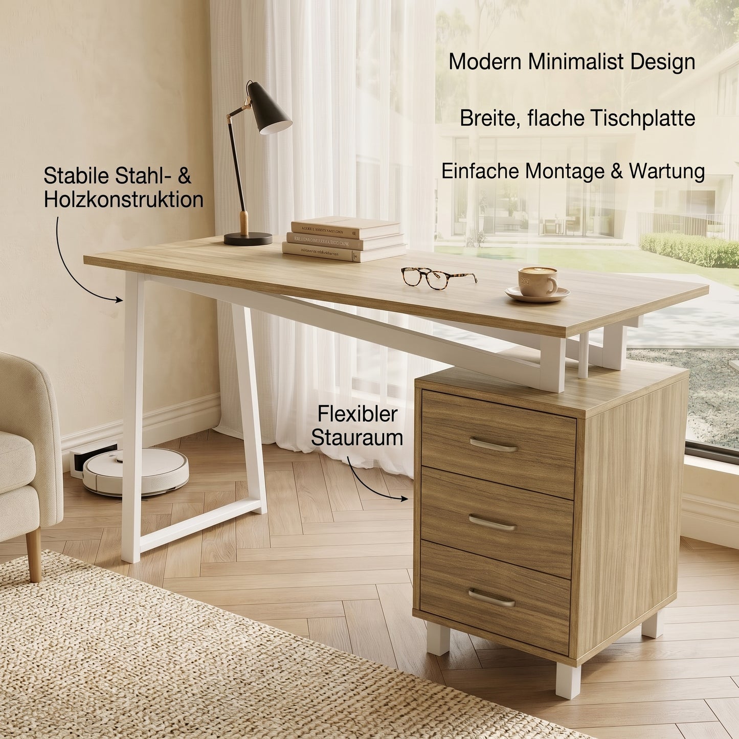 Spacious Desk With Storage Space, High-density MDF Material, Three-layer Drawer Slides, Triangular Struts, Easy To Assemble And Clean, Natural Wood White.