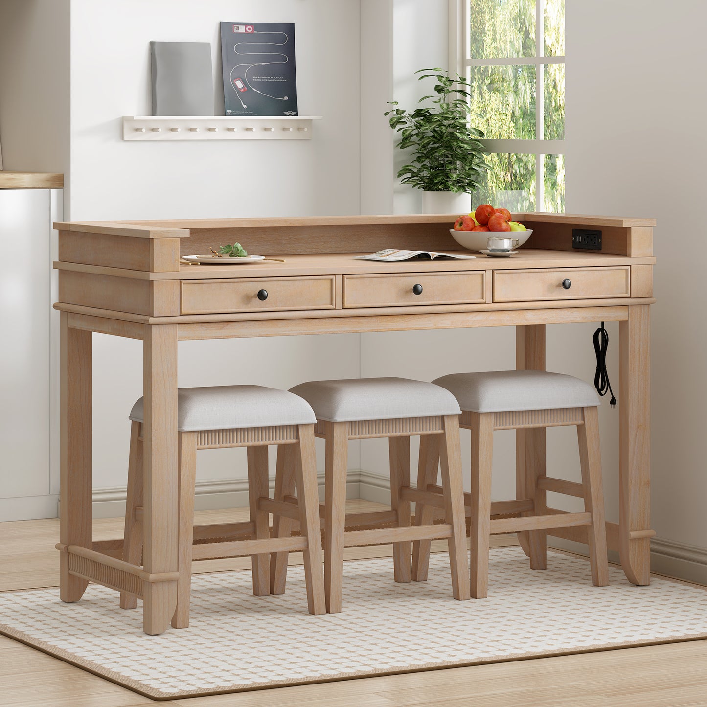 TREXM 4-Piece Dining Table Set For 3  Retro Kitchen Table And Chairs Set With 3 Storage Drawers  Ideal For Small Spaces  Natural
