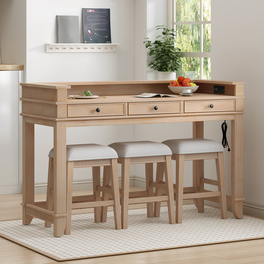 TREXM 4-Piece Dining Table Set For 3  Retro Kitchen Table And Chairs Set With 3 Storage Drawers  Ideal For Small Spaces  Natural