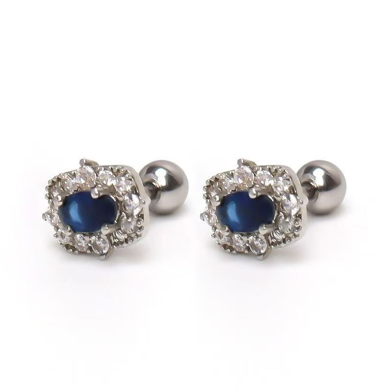 New Oval Earrings Inlaid With Red & Blue Zircon Rhinestones, High-End Electroplated Light Luxury Stud Jewelry For Men & Women