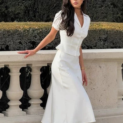 Summer New Arrival Elegant Lapel Single-Breasted Short-Sleeve Top And Sheath Skirt Two-Piece Set