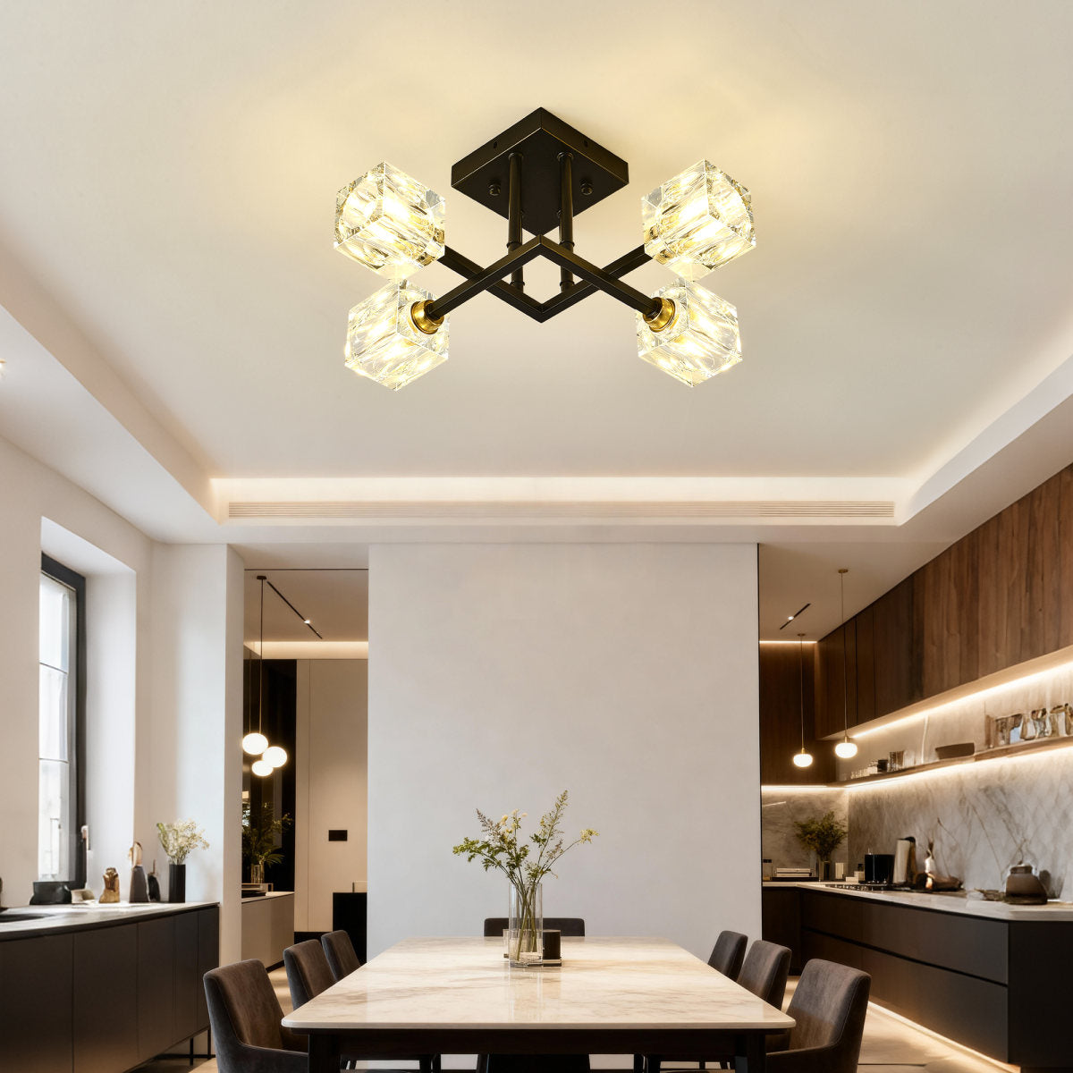 Modern Luxurious Crystal Ceiling Light, 4 Lights-BO INCLUDED Bulb  Modern Crystal Ceiling Light For Dining Room, Pendant Lamp Ceiling Lighting For Living Bedroom Hall Balcony --Matte Black