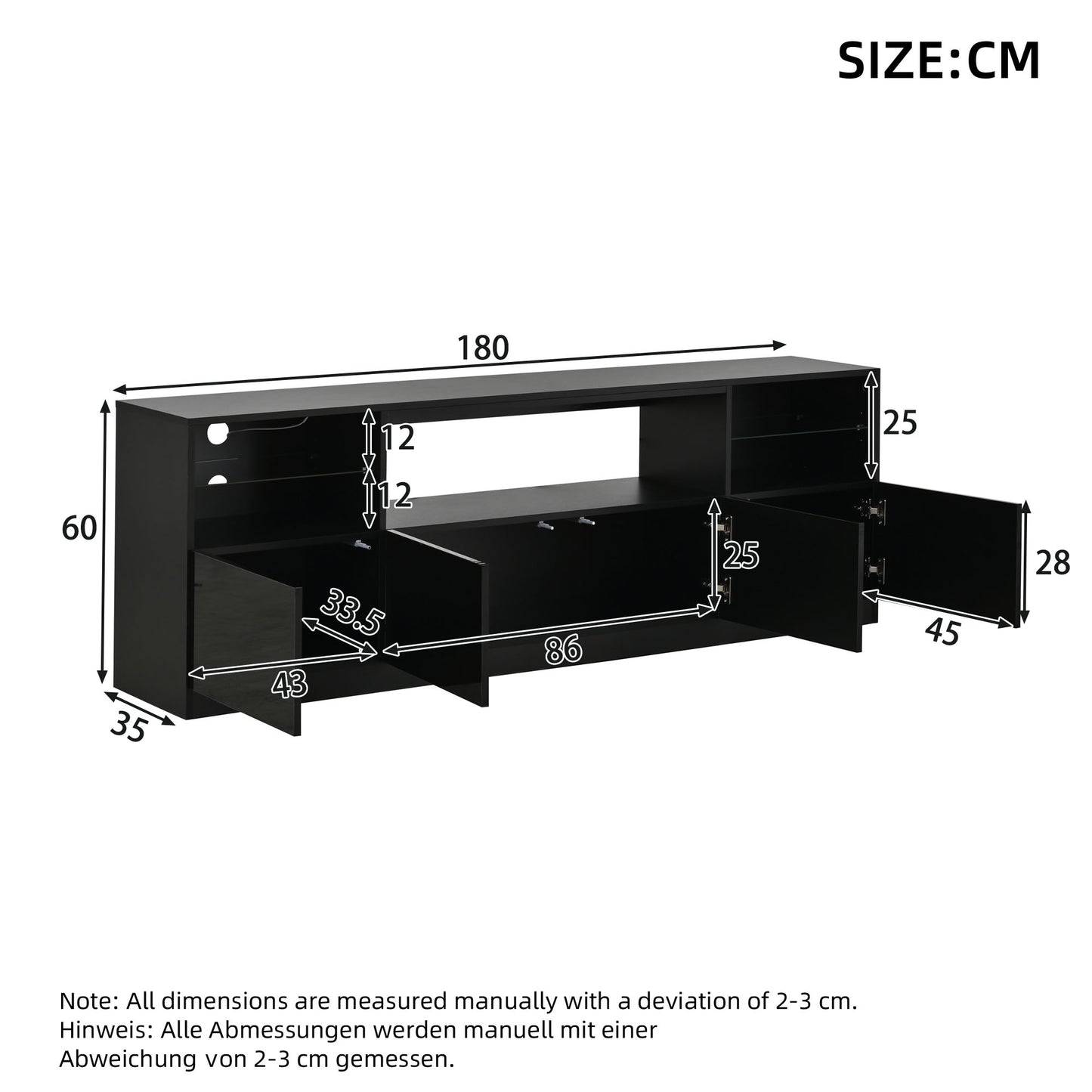 TV Cabinet With LED Lighting, Open Cabinet, 4 Hinged Doors, 8 Storage Spaces, Black High-gloss Cabinet, TV Stand For TVs Up To 75 Inches, TV Lowboard For Living Room, Dining Room, 180 X 35 X 60 Cm