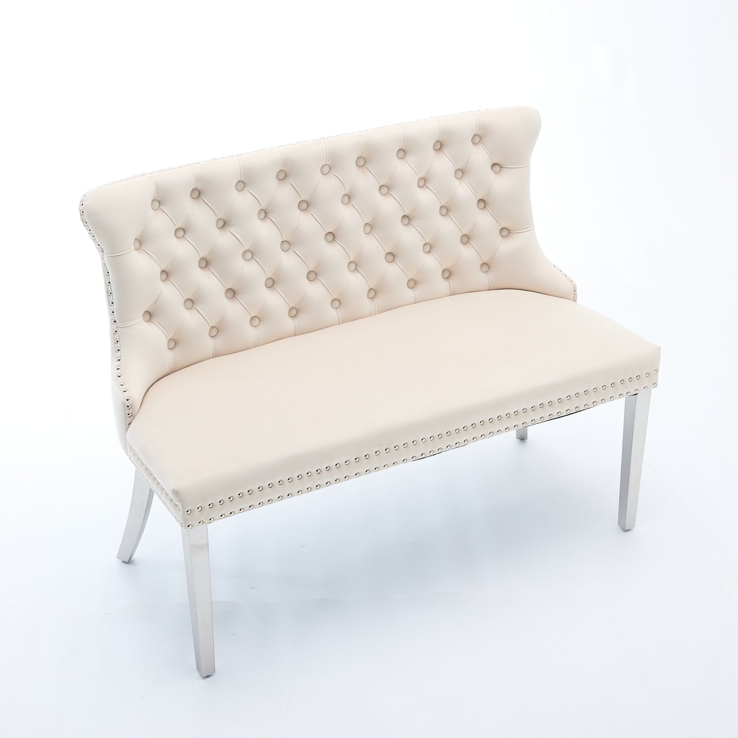 Velvet Double Dining Loveseat Bench, Kitchen & Dining Seating, 2-Seat Tufted Bench W Handmade Buttons, Wing Back, Brushed Silver Stainless Steel Legs, Mid Century Modern,Single Pack,Beige,SW1702BG