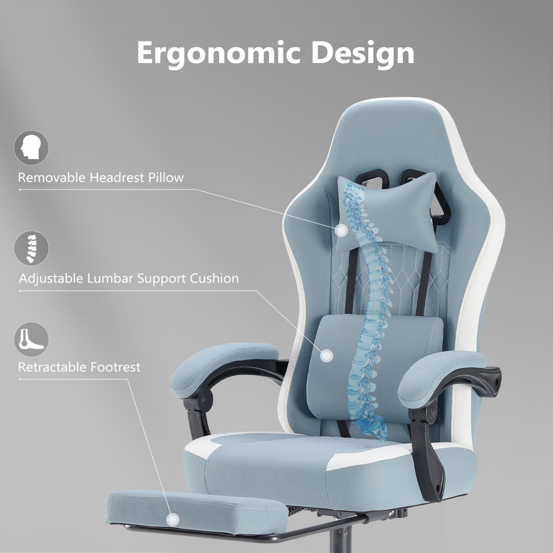 Computer Game Chair - Lumbar Support, Adjustable Height With Armrests And Headrests, 360 Rotating Wheels