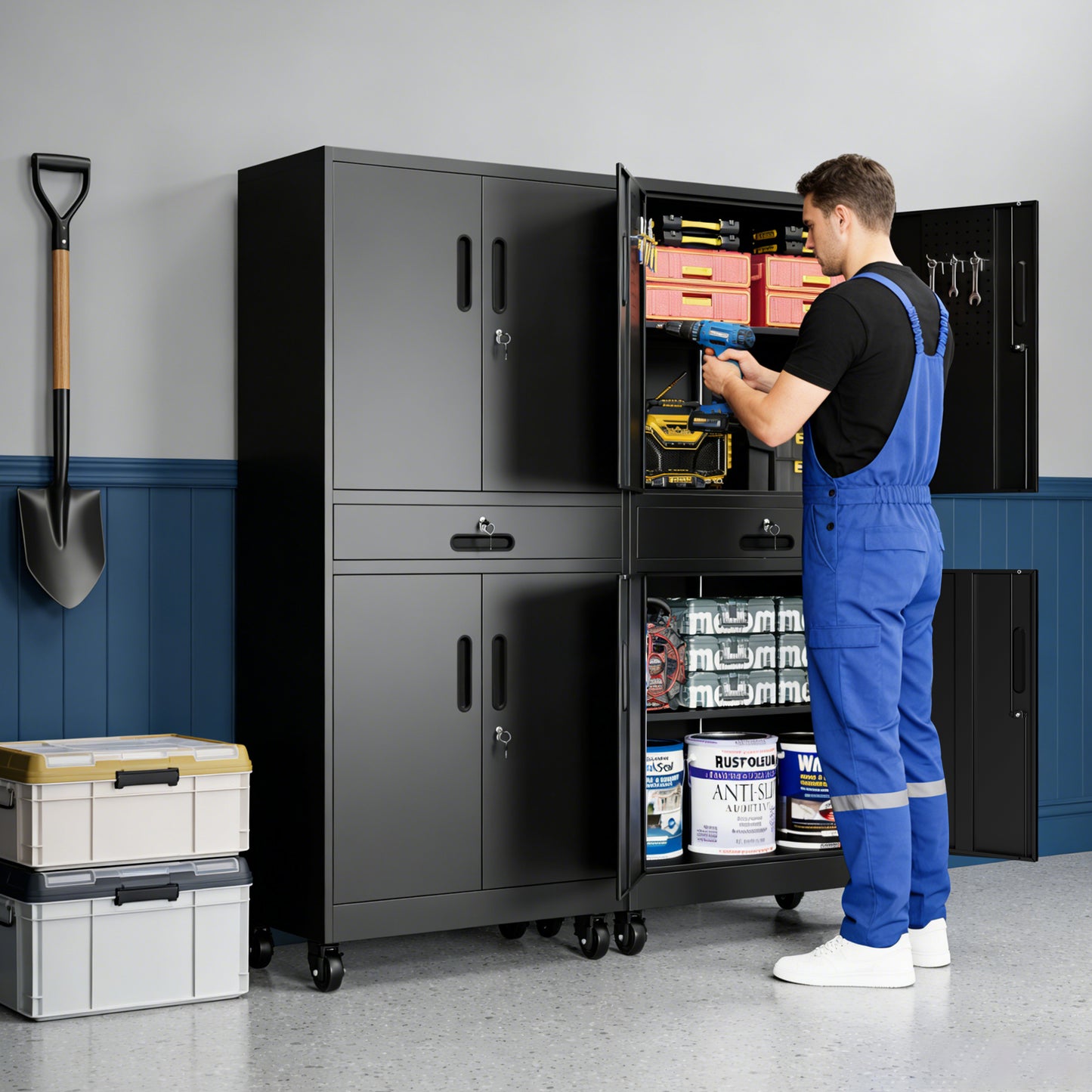Metal Storage Cabinet With Drawer, 71  Garage Cabinet With Locking Doors And 2 Adjustable Shelves, Heavy Duty Tool Cabinet With Pegboard, 8 Hooks & Rolling Wheels For Home Office Utility