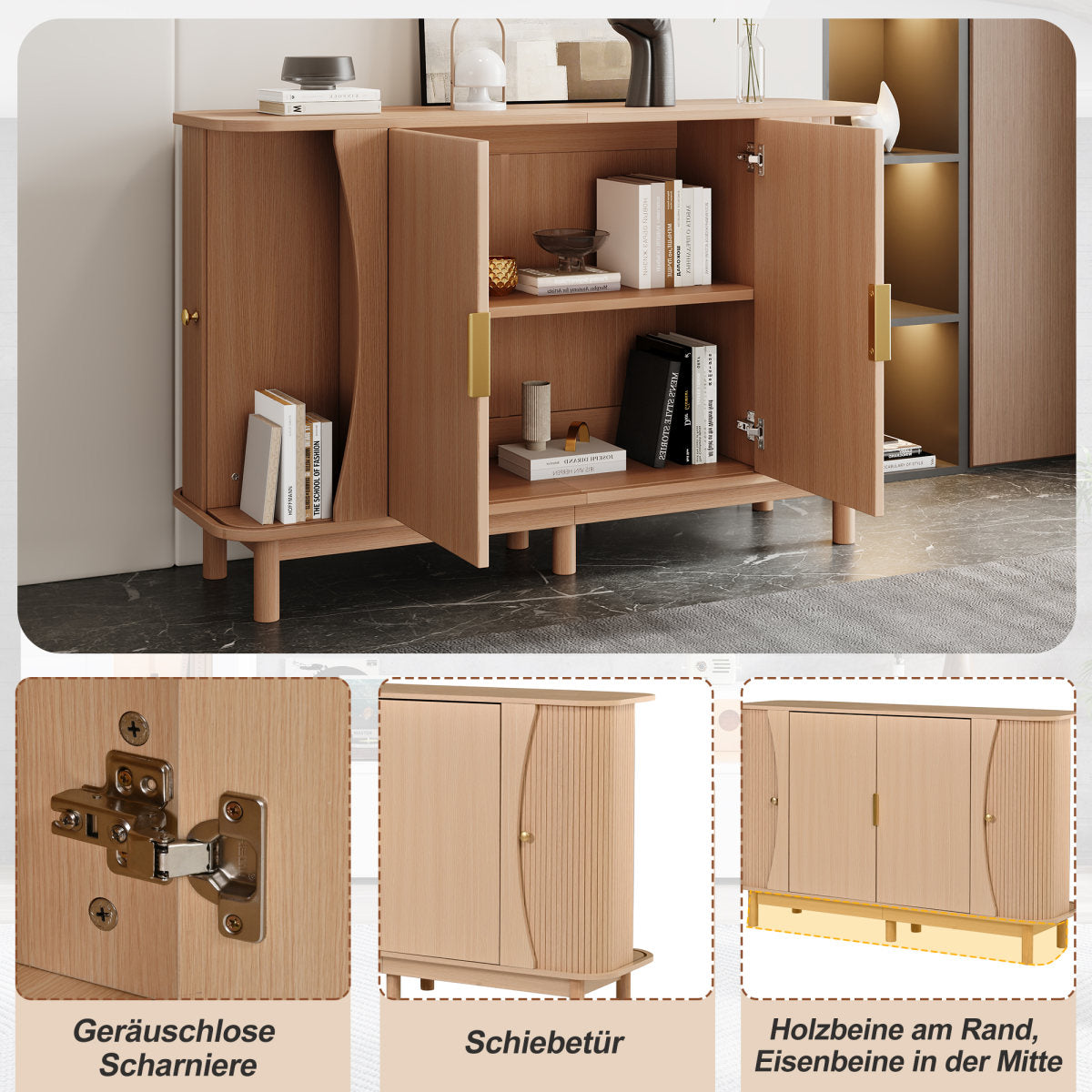 Sideboard 140x40x88cm Made Of MDF, Chest Of Drawers With Curved Edges, 2 Sliding Doors, Storage Cabinet For Living Room Hallway, Up To 60kg Loadable, Side Cabinet Made Of Natural Wood