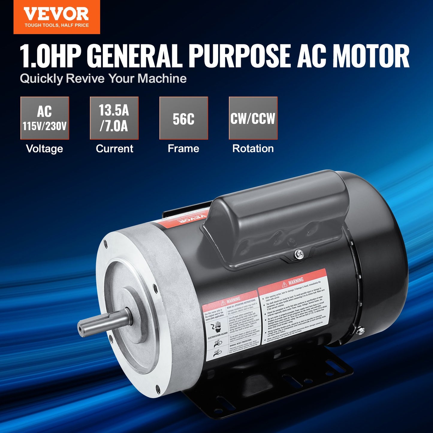1HP Electric Motor 3450 Rpm, AC 115V/230V, 56C Frame, Air Compressor Motor Single Phase, 5/8' Keyed Shaft, CW/CCW Rotation For Agricultural Machinery And General Equipment