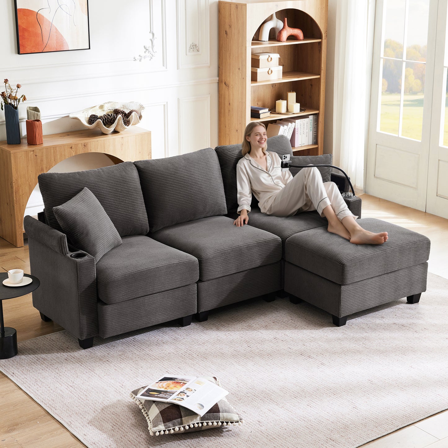 L-Shaped Corner Sofa,Convertible 3 Seater Sofa With Footstool, Cup Holder, USB Charger, Armrest Rest And 2 Cushions, Suitable For Living Room-Office-Apartment, Dark Gray