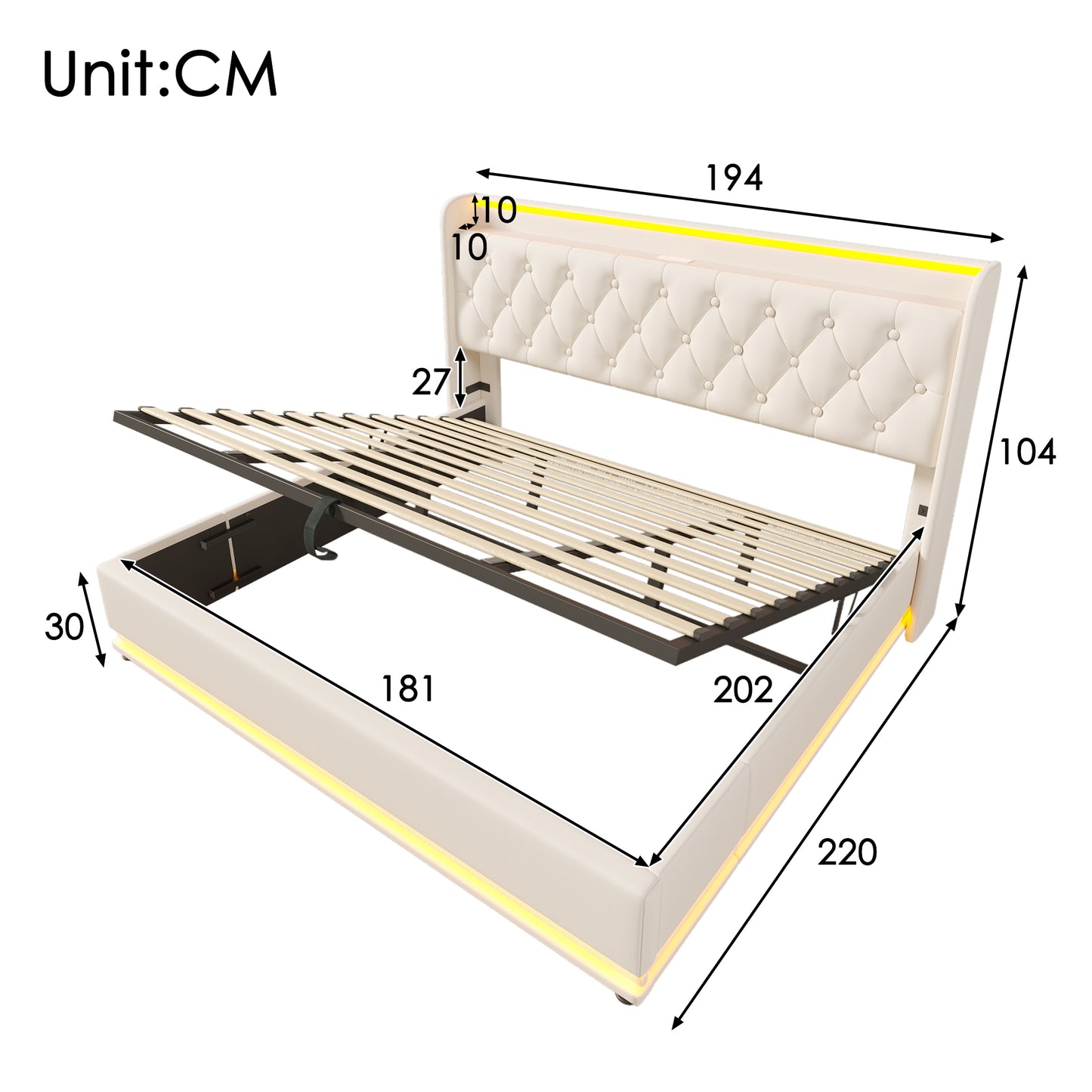 Upholstered Bed Double Bed, 360 Surround LED Function, Push Button App Remote Control, 180x200 Cm, White PU Material Hydraulic Camp Bed, Padded Headboard With USB Type-C Charging Function  Without Mat