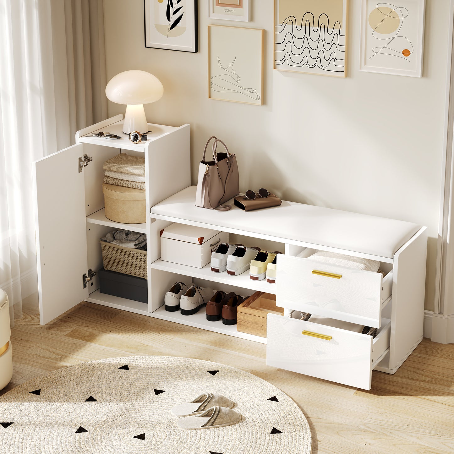128x30x68cm Shoe Cabinet Shoe Rack With 2 Drawers 1 Cabinet, High Gloss Shoe Benches Benches With Upholstered And Storage Space, Suitable For Living Room, Hallway, Office, White