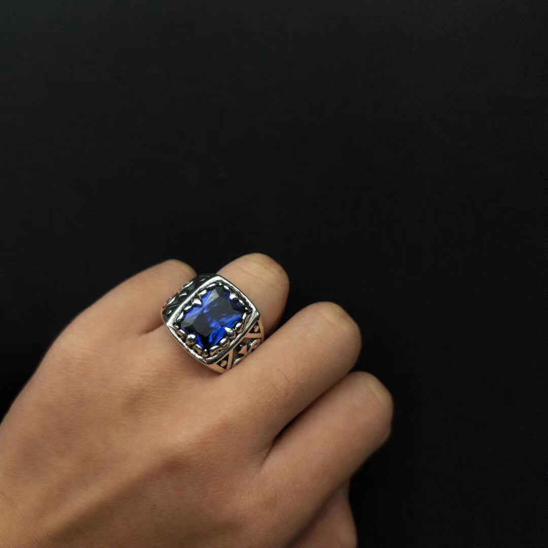 1pcs 925 Sterling Silver Ornate Blue Stone Statement Ring, Retro Masculine Style, Ideal For Birthdays & Men's Gothic Gifts