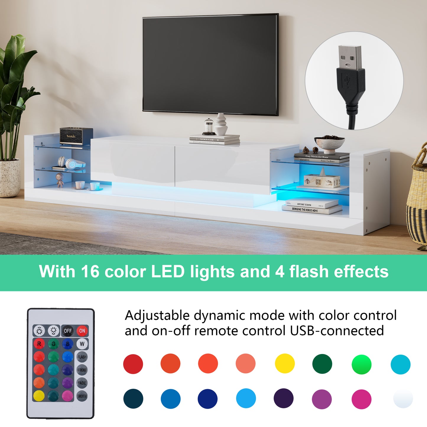 High-gloss TV Cabinet With LED Lighting, 181 Cm For TVs Up To 80 Inches, Glass Front, Two Fold-down Drawers
