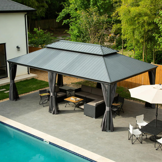 14  X20   Hardtop Gazebo With Resin Roof, Outdoor Metal Gazebo With Drainage Gutters, Permanent Heavy Duty Pavilion For Patio, Backyard And Deck, Curtains And Mosquito Netting Included