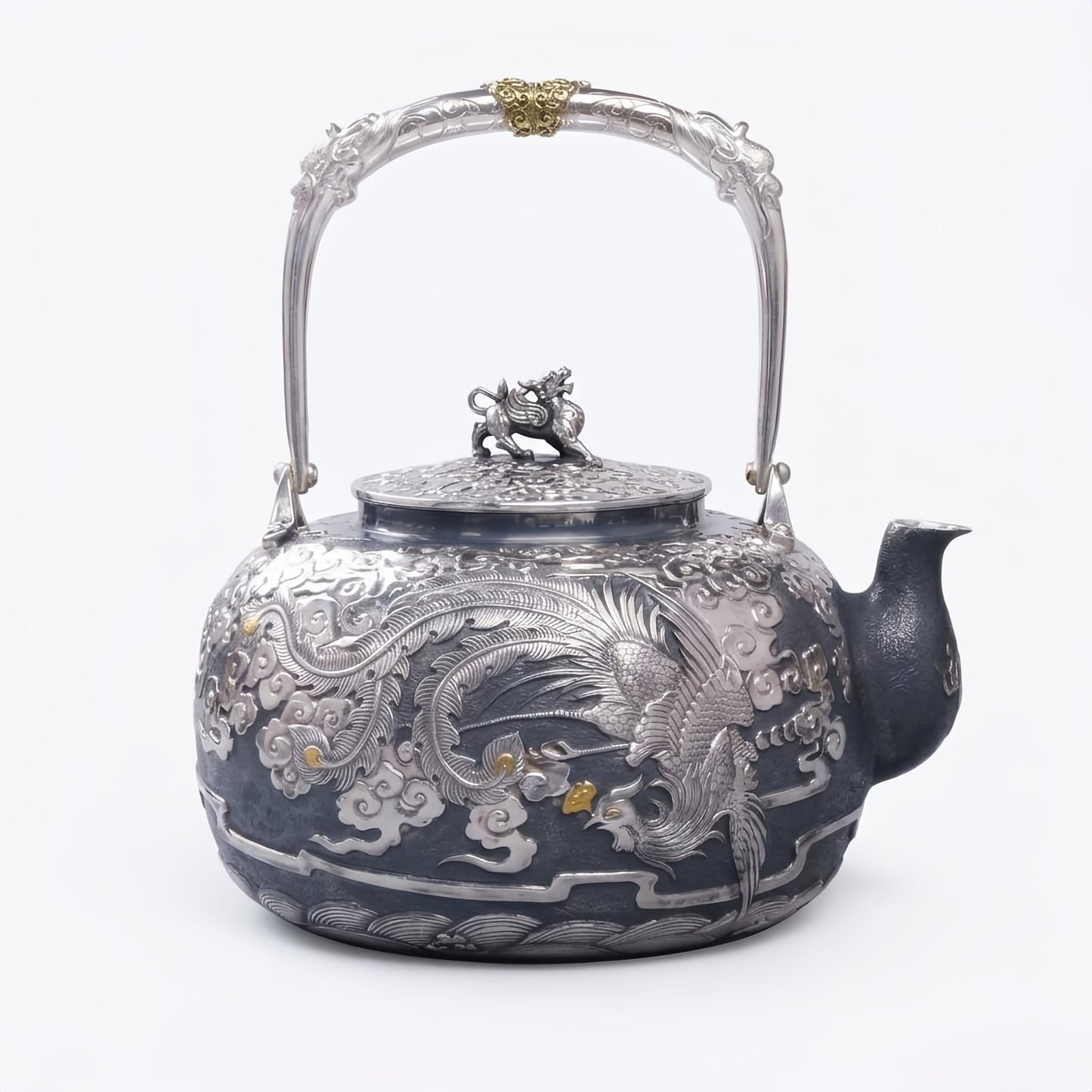 925 Sterling Silver Ornate Handcrafted Silver Tea Kettle with Phoenix Motifs and Lion Finial - Handicraft