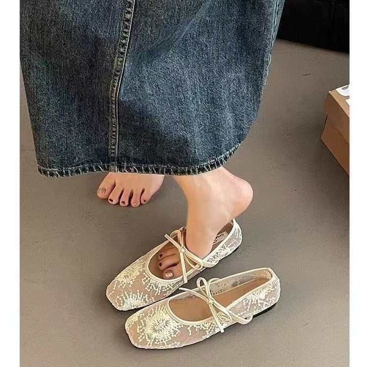 Women Breathable Mesh Mary Jane Shoes, New Spring Summer Low Cut Fairy Style Pumps, Bowknot Design Hidden Wedge Heels