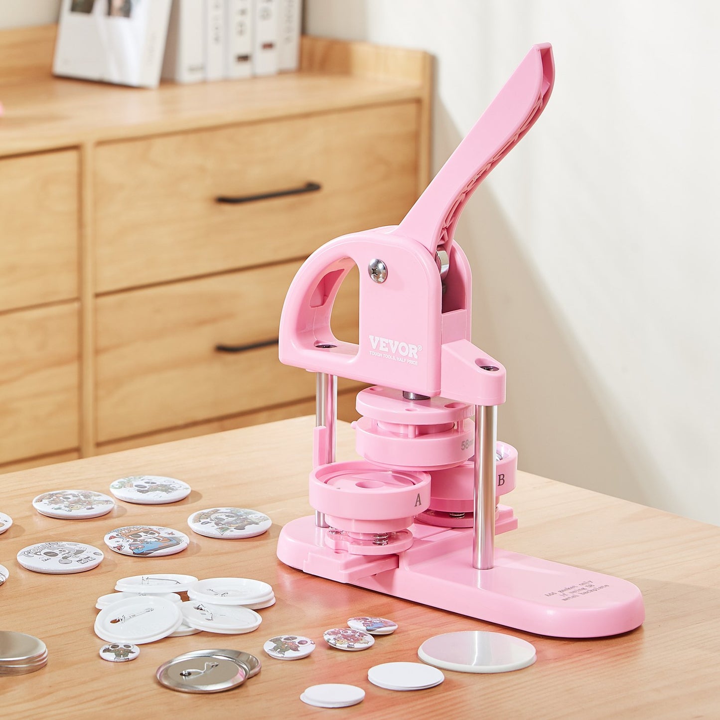 3-IN-1 Button Maker,  300pcs Button Parts,Button Maker Machine With Panda Magic Book, Ergonomic ArcHandle Punch Press Kit, For Children DIY Gifts
