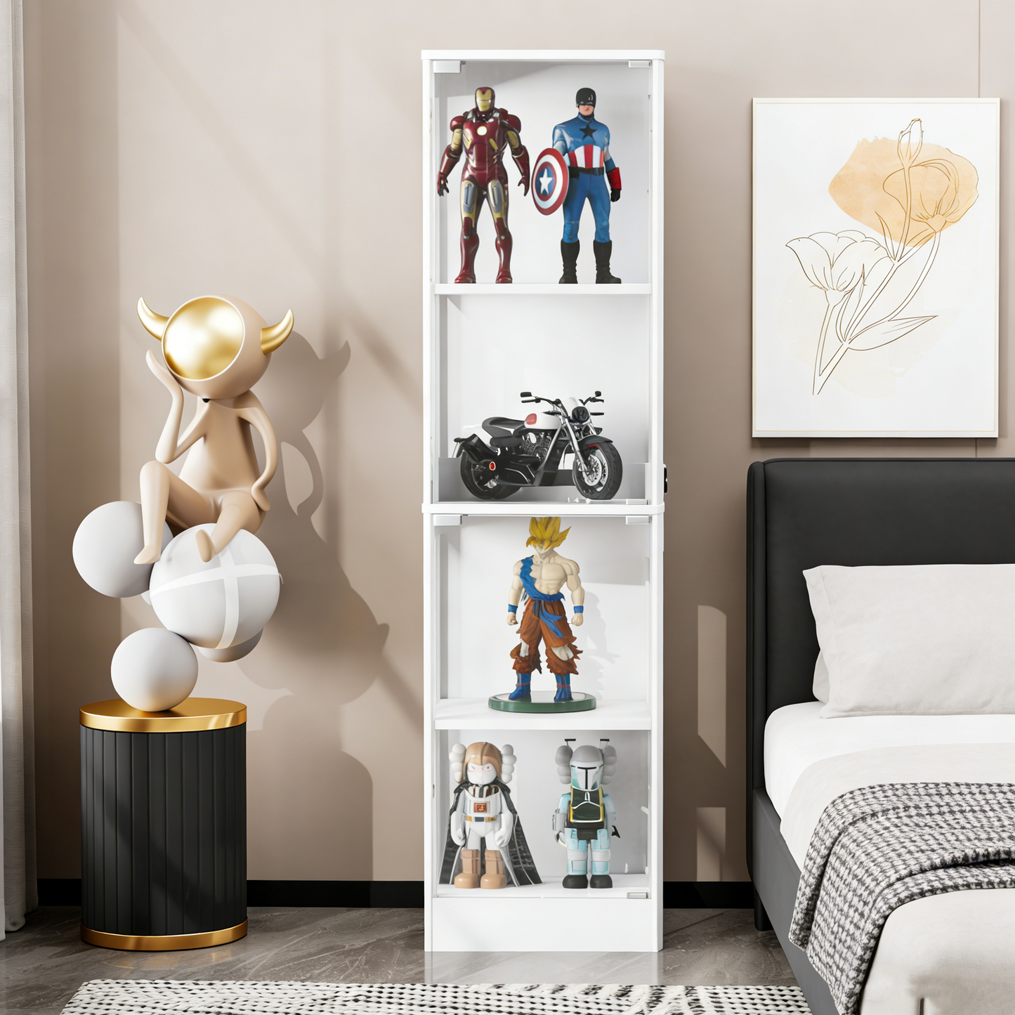Four-storey Glass Display Case With Storage Space, LED Lighting, Glass Doors And Smart Sensors. Suitable As A Dustproof Glass Cabinet For Living Rooms, Bedrooms And Offices. White.40X35X165cm