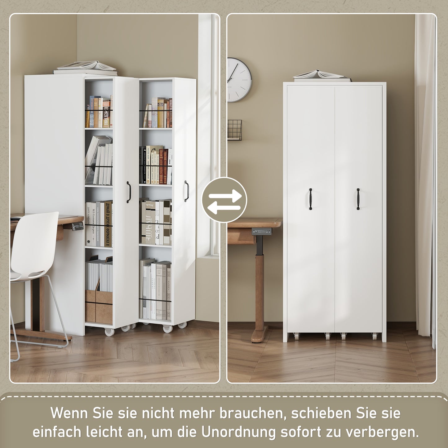 N880P3152289W  Expandable Bookcase With Castors - 4 Levels, Interchangeable Left And Right, MDF, 20 Kg Load Capacity Per Level, Can Be Used As A Shelf In The Bathroom, Kitchen Or Living Room, White