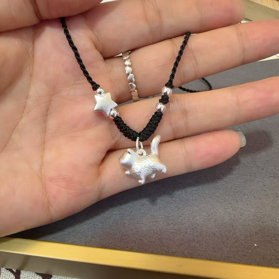 1pcs 999 Sterling Silver Cute Cat & Star Bead Black Cord Braided Necklace, Minimalist Elegant Chinese Style, For Women Daily Casual Wear & Girlfriend Birthday Valentine Gifts