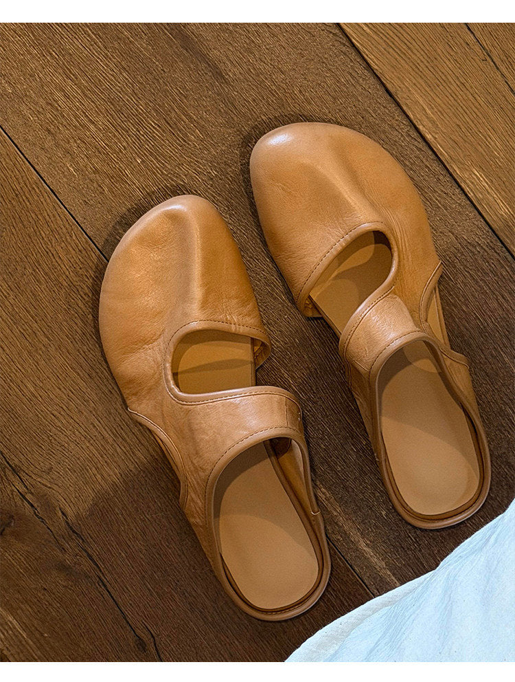 2026 Korean Style Closed Toe Mules For Women, Soft Leather Hollow Mary Jane Flat Outdoor Slippers, Versatile Casual Slides