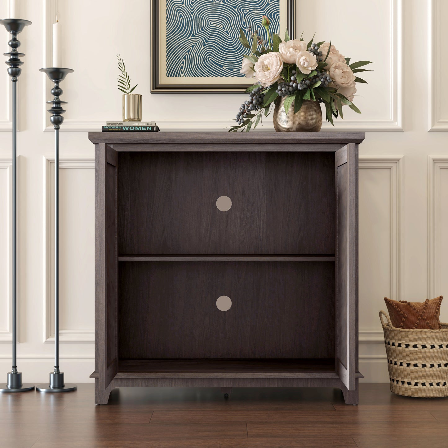 Elegant Sideboard With 2 Acrylic Mirrored Doors Sideboard And Buffet With Storage, Hollow-Carved Accent Cabinet Brown Laminates And MDF Substrate, Spacious Space Adjustable Shelf, Living Room, Kitchen