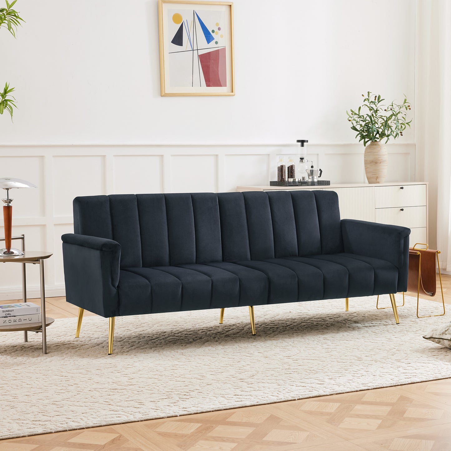 Modern Folding Sofa Bed, Sofa Bed With Auxiliary Feet, With Sleeping Function, Velvet Fabric, Suitable For Living Room, Bedroom, Home Theater, Guest Room. Video Available