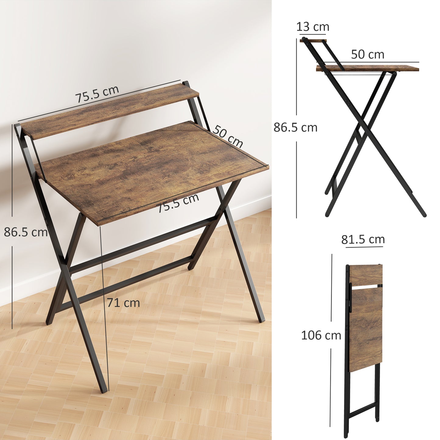 81.5 Cm Folding Computer Desk With Monitor Shelf - Rustic Brown