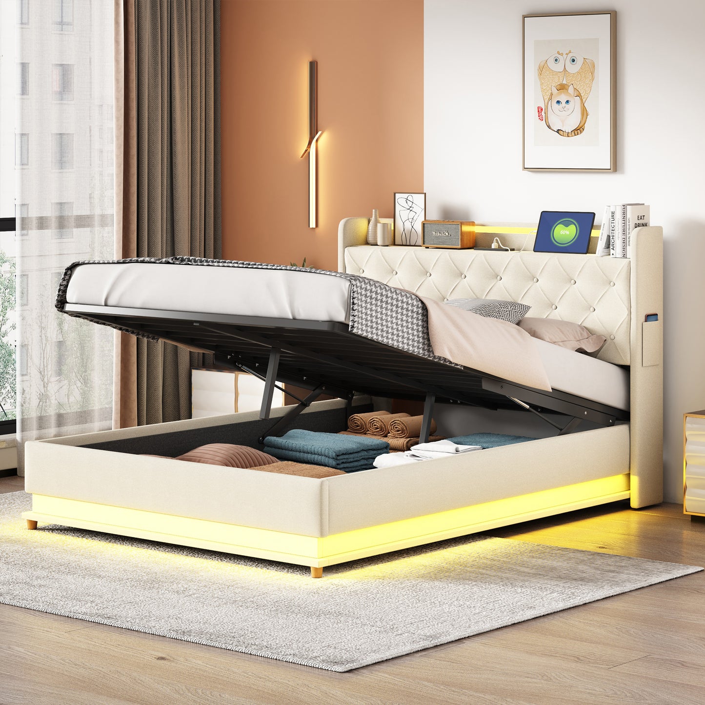 LED Upholstered Bed 140x200 Cm With USB Charging Port And Hydraulic Storage, Skin-friendly Linen Fabric Beige