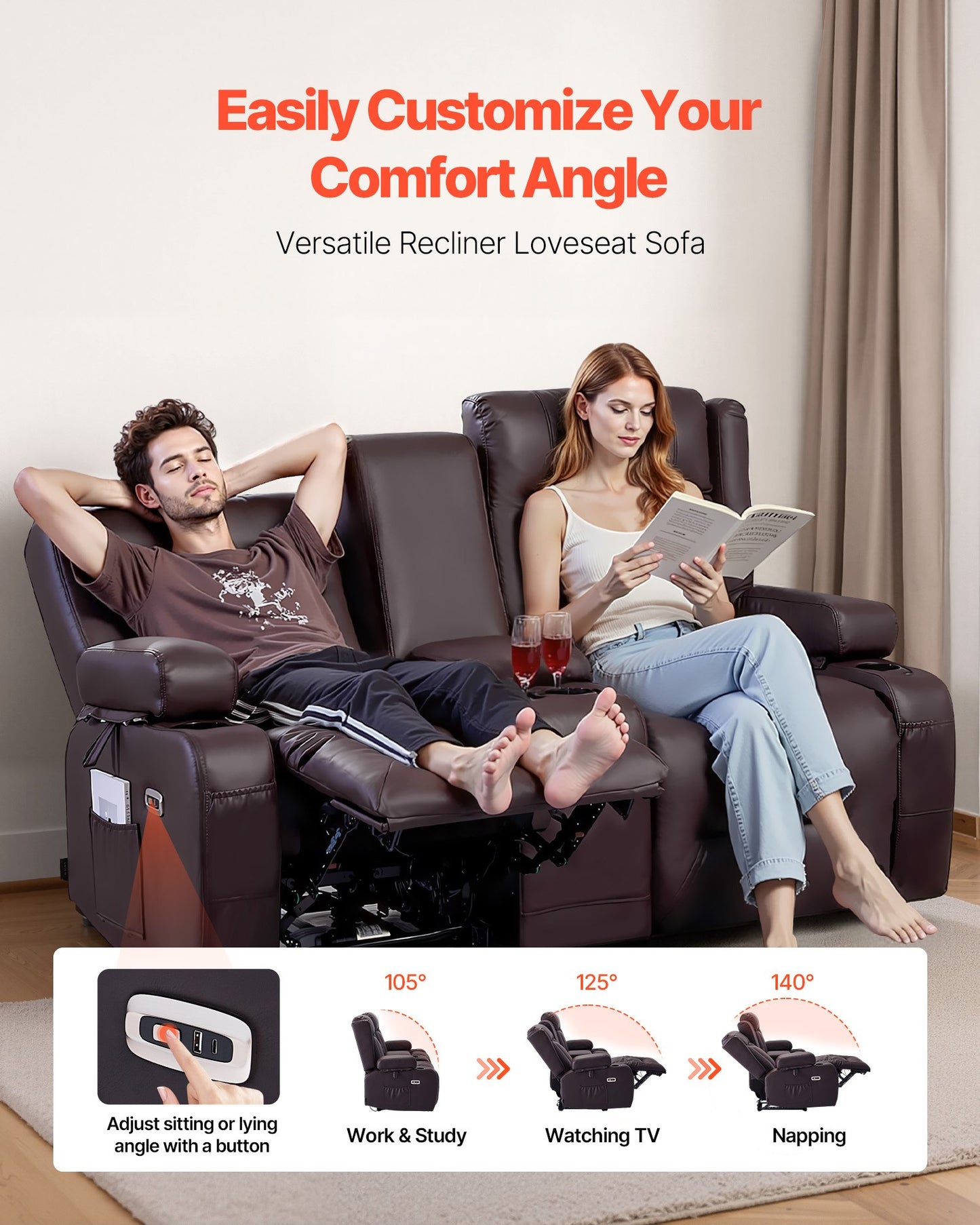 Loveseat Recliner Sofa, Power Reclining Couch With Heating & Massage And Timer, PU Leather Electric Recliner Sofa With Center Console, USB Ports, Cup Holders And Side Bags For Living Room