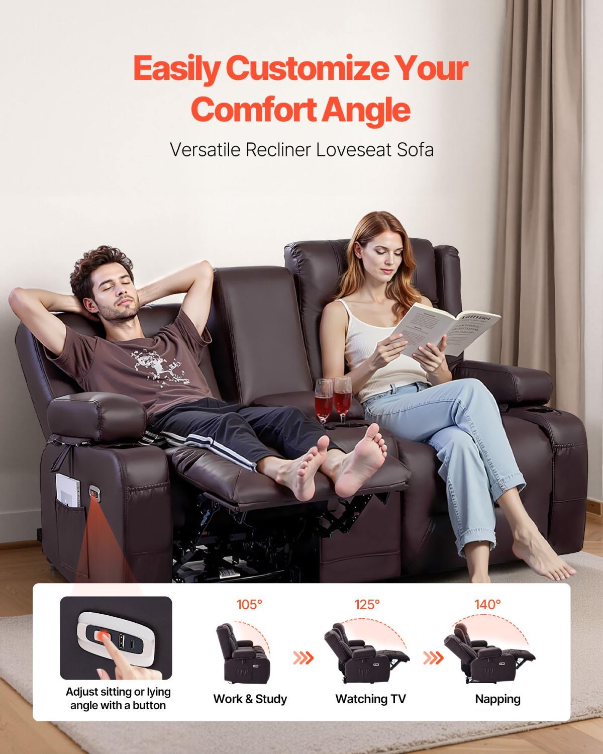 Loveseat Recliner Sofa, Power Reclining Couch With Heating & Massage And Timer, PU Leather Electric Recliner Sofa With Center Console, USB Ports, Cup Holders And Side Bags For Living Room