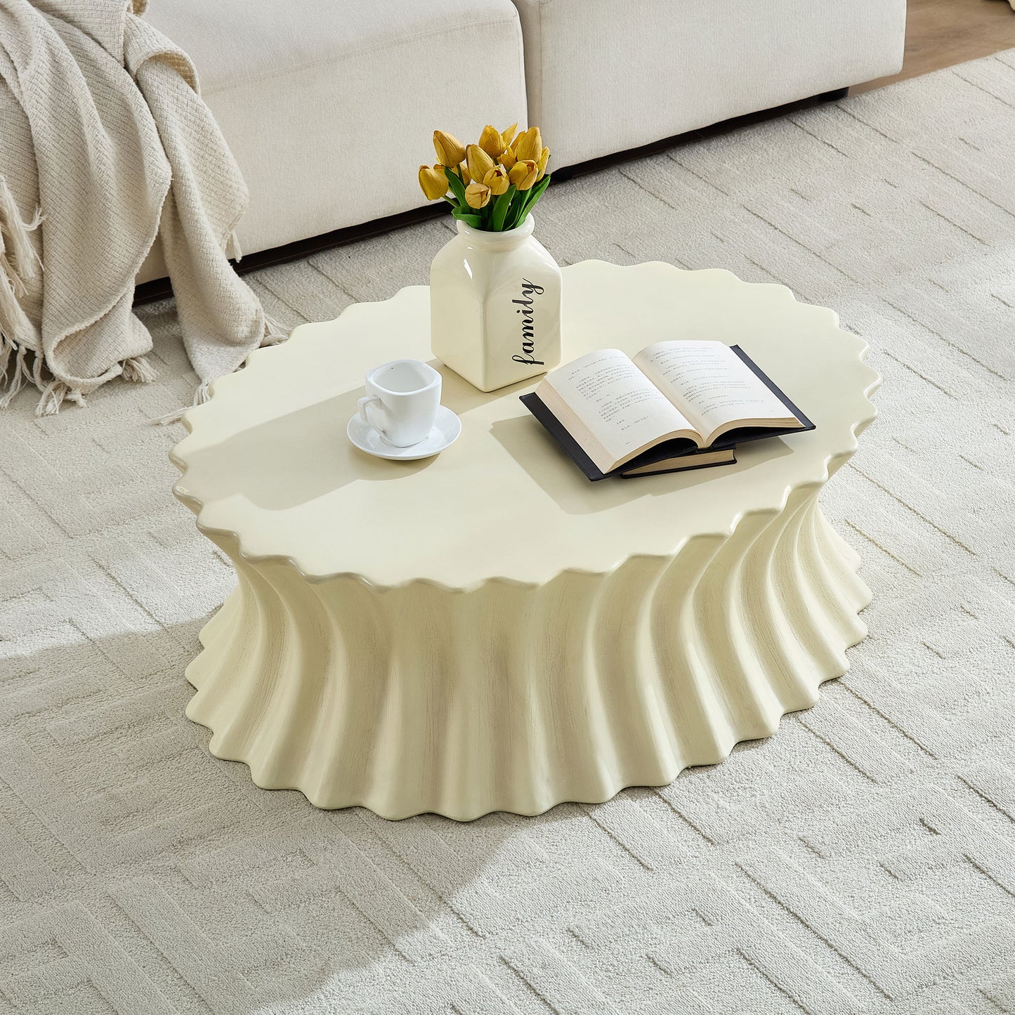 35.04 Inch Oval Coffee Table Vintage Sturdy Fiberglass Table For Living Room Apartment Office No Need Assembly Beige