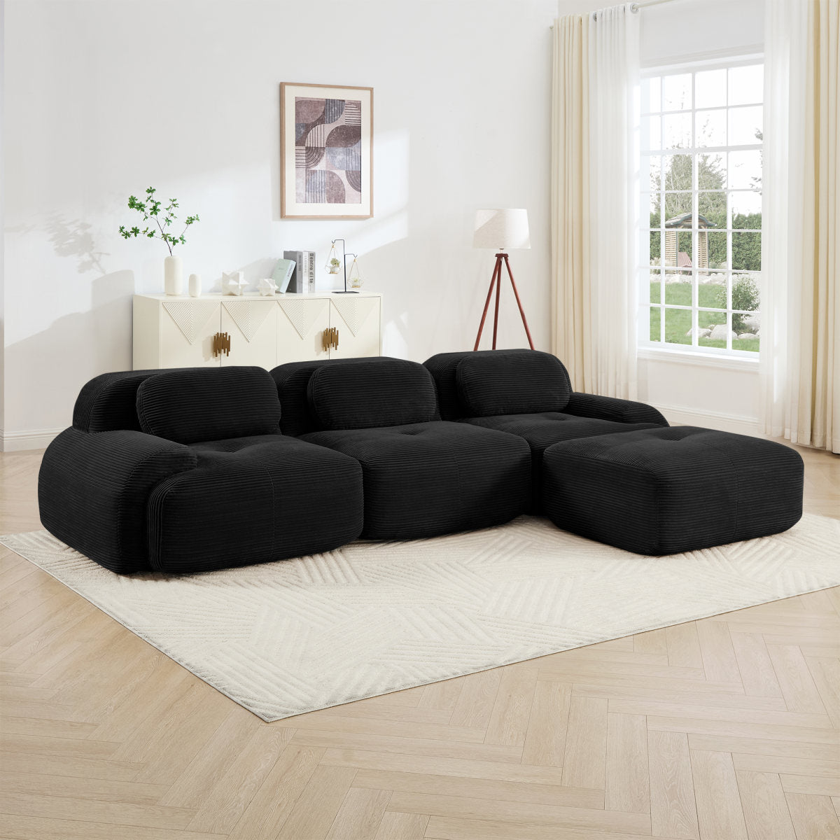 L-shaped Modular Sofa No Assembly Ergonomic Design Pet-friendly LuxuryCorduroy Fabric Fabric Extra-wide Curved Armrests 32D High-resilience Sponge For Living Rooms Bedroom ,Black