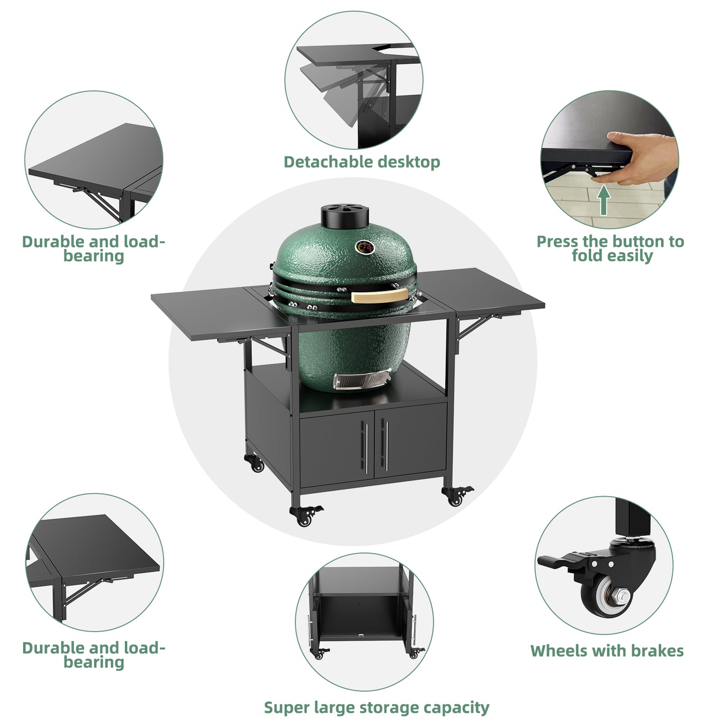 Outdoor Grill Table For Big Green Egg Style BBQ, Metal Grill Cart With 2 Folding Panels, Compatible With Up To Large Green Egg, Kamado Joe Jr