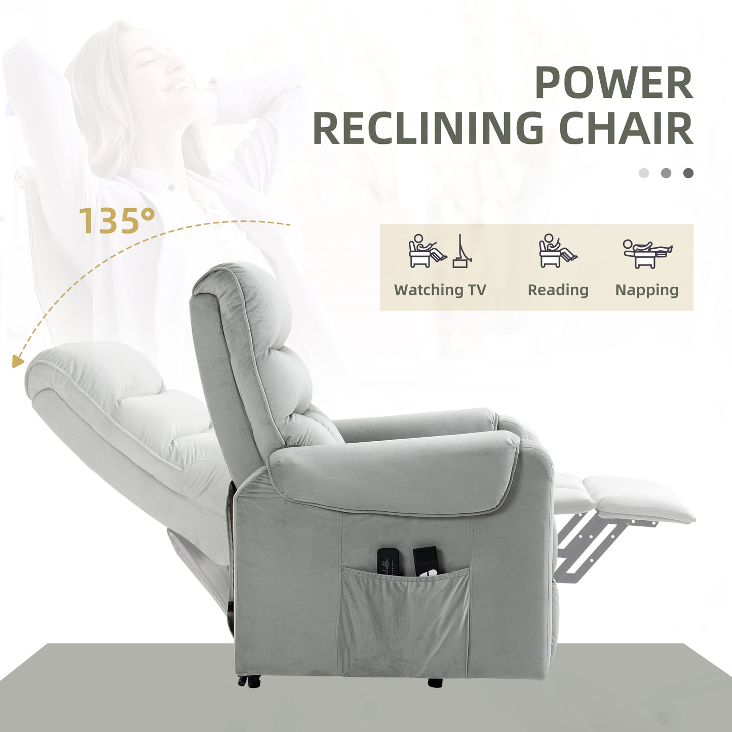 Vibration Massage Rise And Recliner Chair, Electric Power Lift Recliner With Remote Control And Side Pockets, Grey