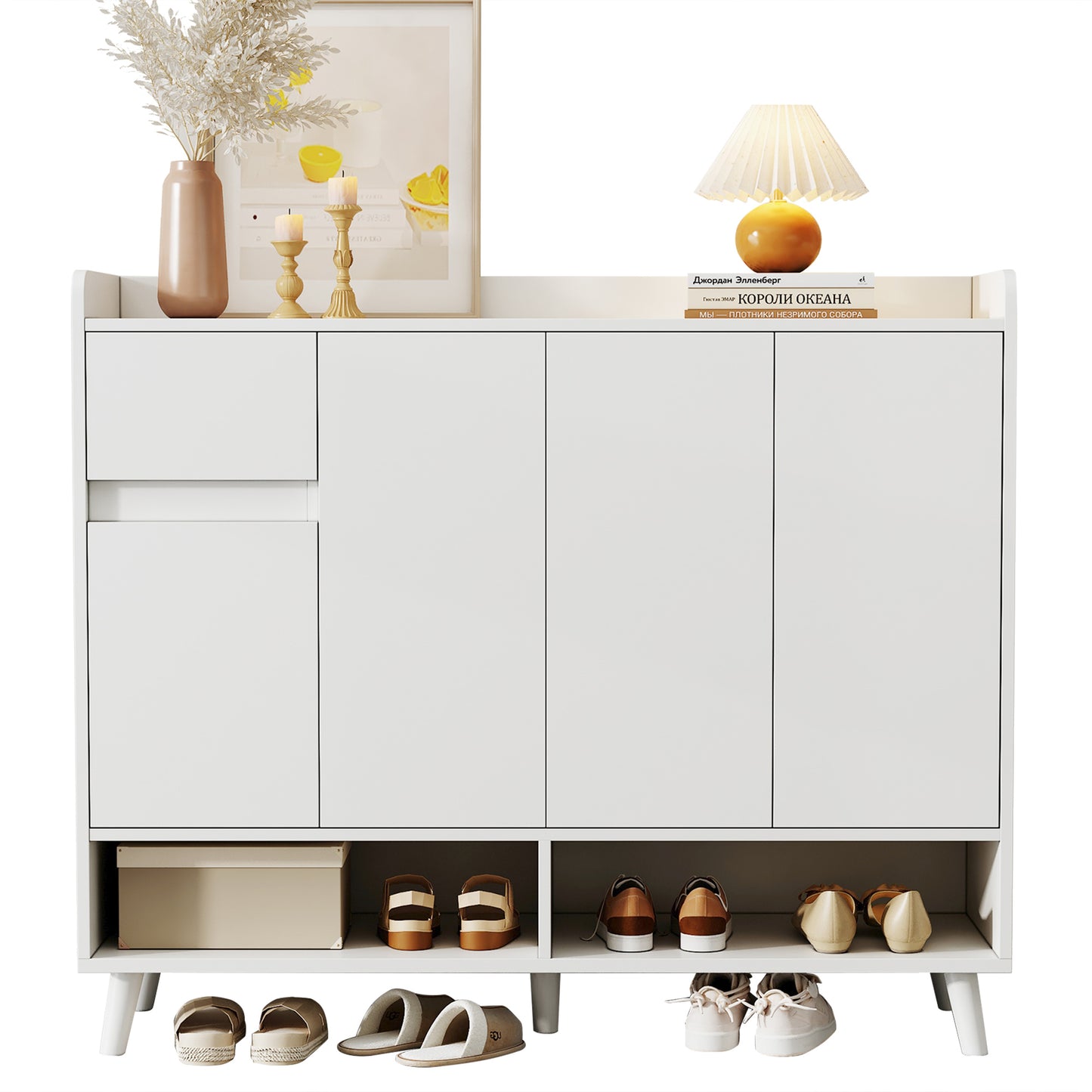 Modern Sideboard Chest Of Drawers Shoe Cabinet With Large Storage Space, 4 Doors And 1 Drawers With An Adjustable Shelf For Dining Room, Living Room Or Kitchen ,White, Dimensions 120X99X35 Cm