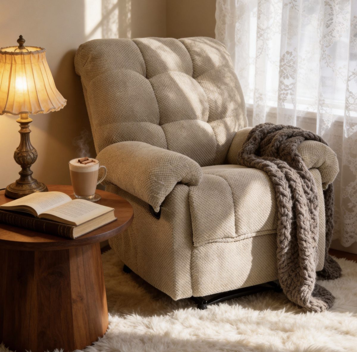 Camel  Recliner Chair, Overstuffed Armchair, Manual Recliner, Living Room Seating, Reading Chair, Padded Footrest, Home Theater Seating, Ergonomic Lounge Chair, Soft Fabric Recliner,  Furniture.
