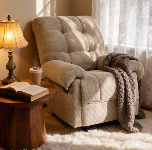 Camel  Recliner Chair, Overstuffed Armchair, Manual Recliner, Living Room Seating, Reading Chair, Padded Footrest, Home Theater Seating, Ergonomic Lounge Chair, Soft Fabric Recliner,  Furniture.