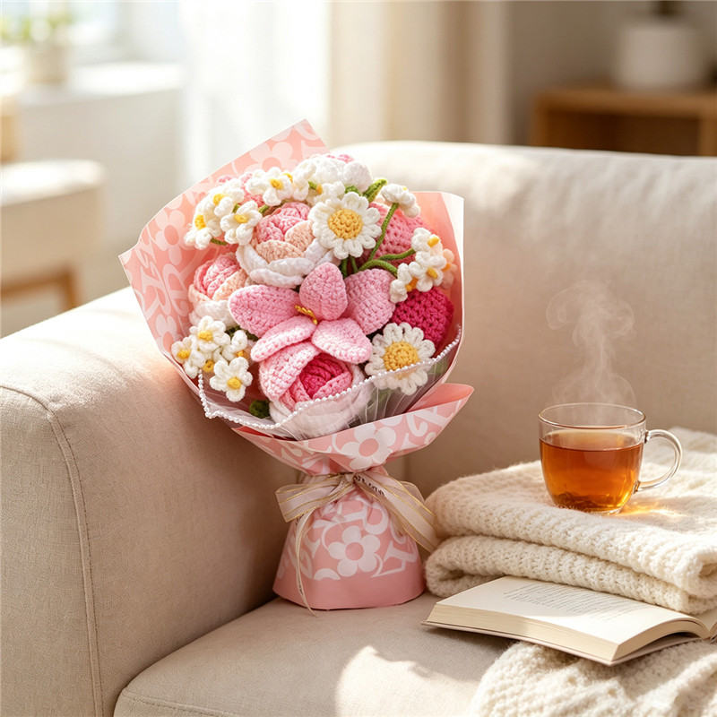 Handmade Crochet Pink Mixed Flower Bouquet, Knitted Yarn Everlasting Artificial Flowers, Pink Wrapped Floral Gift For Birthday, Mother's Day, Anniversary, Wedding & Home Table Decoration