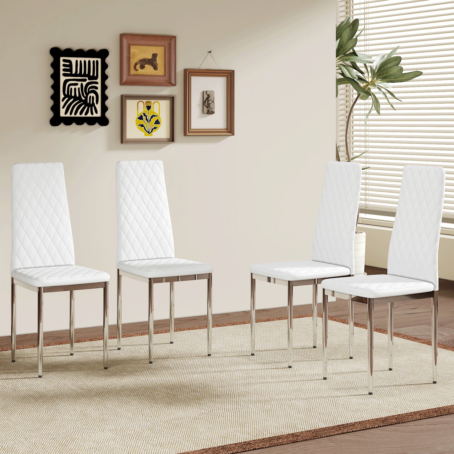 Modern White PU Dining Chairs Set Of 4 - Diamond Quilted High Back Design With Silver Chrome Metal Legs, Essential For Minimalist Homes, High Comfort & Affordability, Perfect For Kitchen,W1151107273