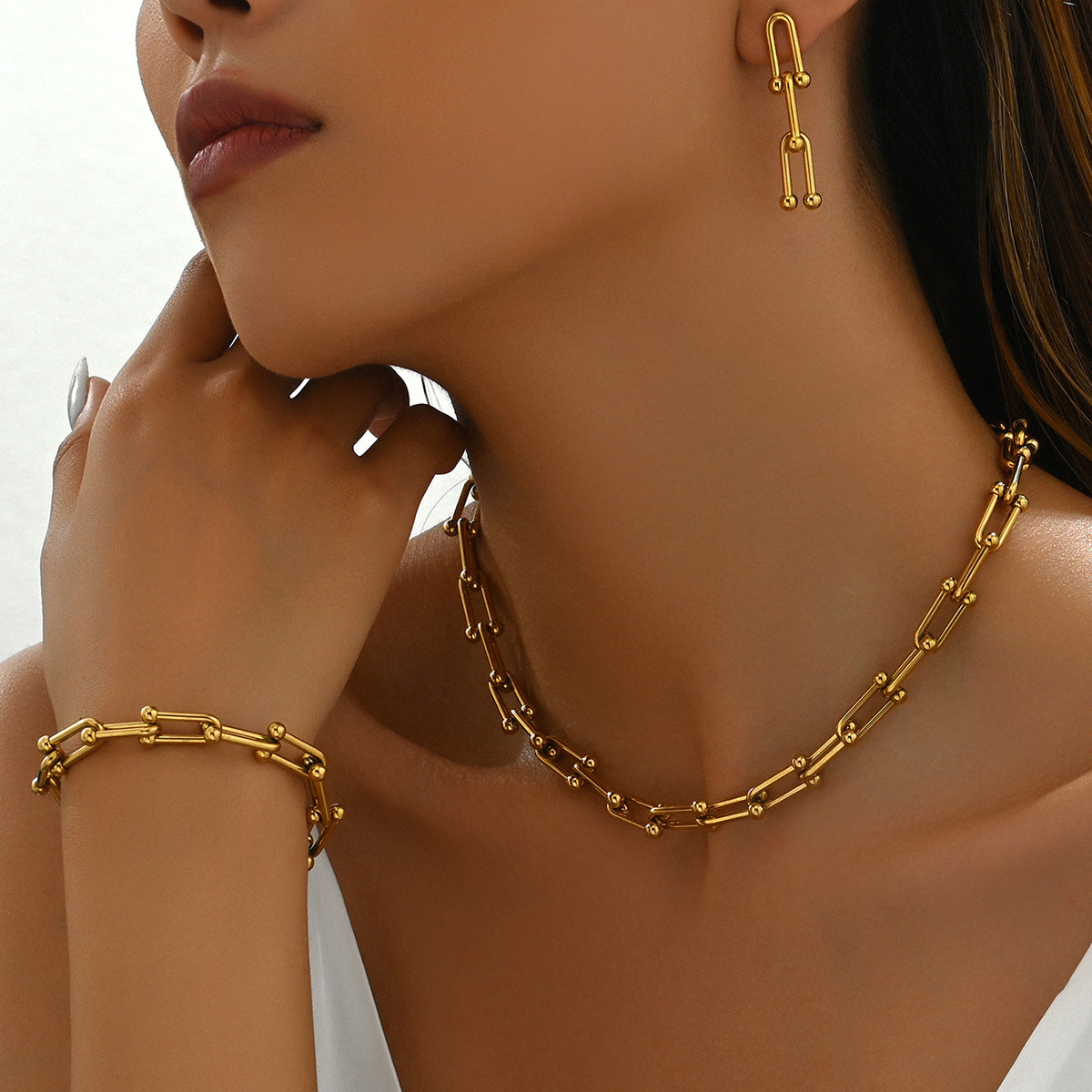 Cross-Border European Style Jewelry Set For Women, Minimalist U-Shaped Horseshoe Buckle Spliced Necklace Earrings Bracelet, Versatile Fashion Jewelry Wholesale