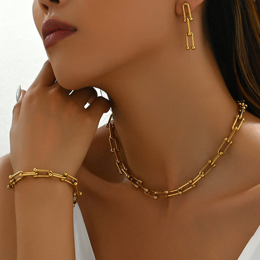 Cross-Border European Style Jewelry Set For Women, Minimalist U-Shaped Horseshoe Buckle Spliced Necklace Earrings Bracelet, Versatile Fashion Jewelry Wholesale
